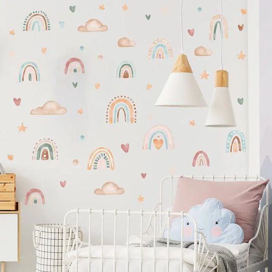 Boho Rainbow Cloud & Star Wall Stickers - Waterproof, Removable, and Kid-Friendly