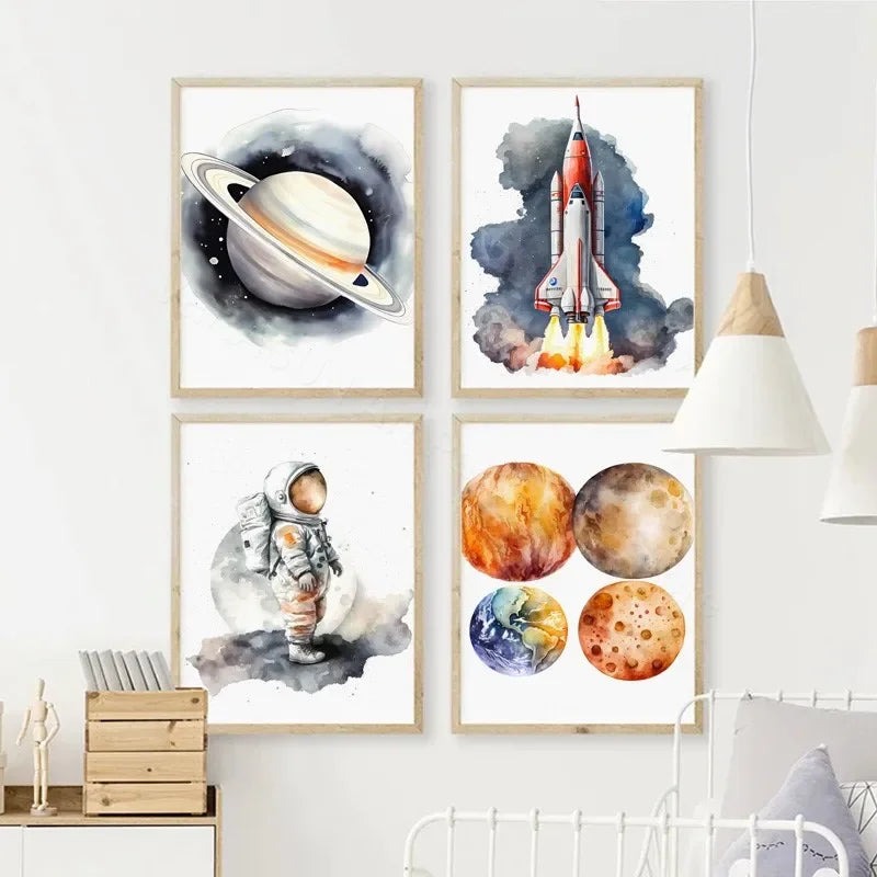 Astronaut & Rocket Space Nursery Wall Art – Canvas Prints for Kids' Room Decor-4