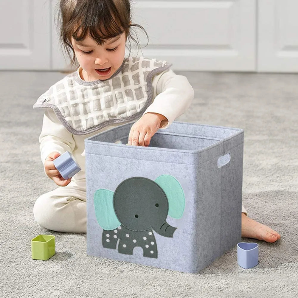 Cube Folding Toy Storage Box – Felt Fabric Organizer with Cute Animal Designs for Kids' Room and Nursery