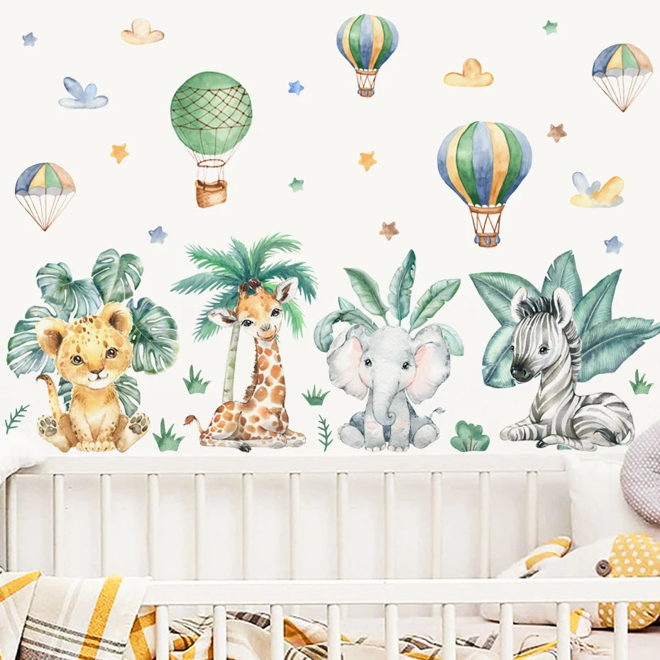 Cartoon Jungle Animals Leaves Watercolor Vinyl Wall Stickers for Kids Room & Nursery Decoration