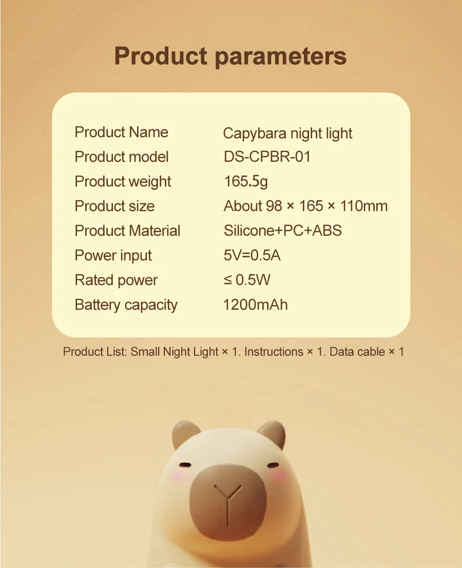 Cartoon Capybara Silicone Night Light | USB Rechargeable & Dimmable Kids' Night Light