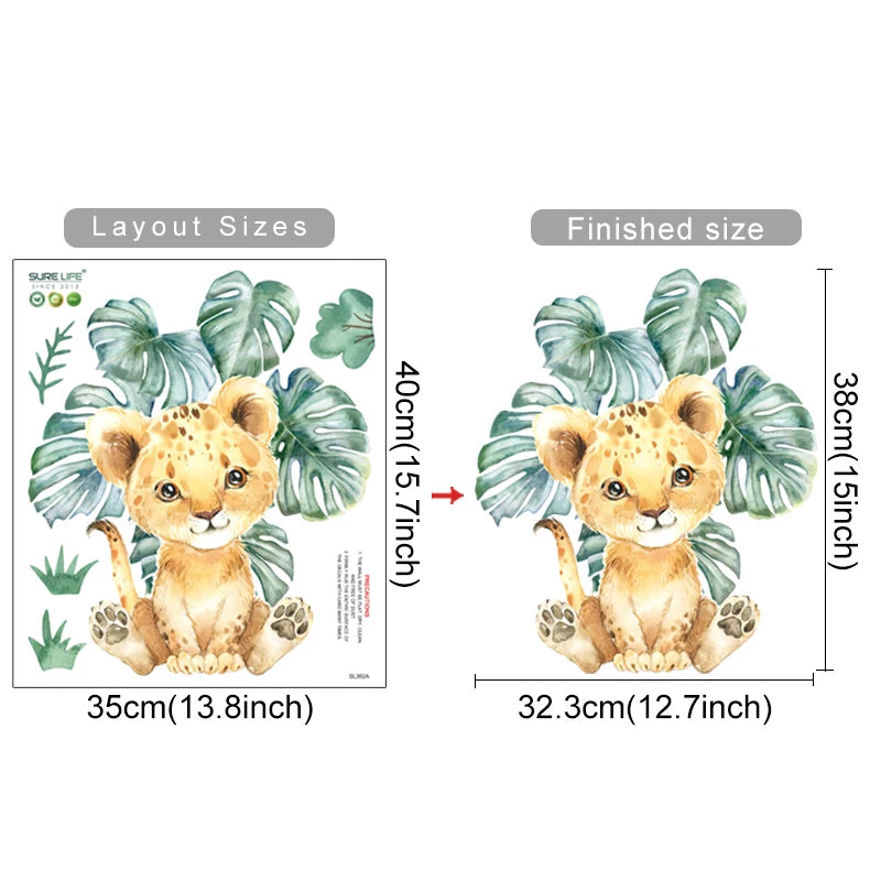 Cartoon Jungle Animals Leaves Watercolor Vinyl Wall Stickers for Kids Room & Nursery Decoration