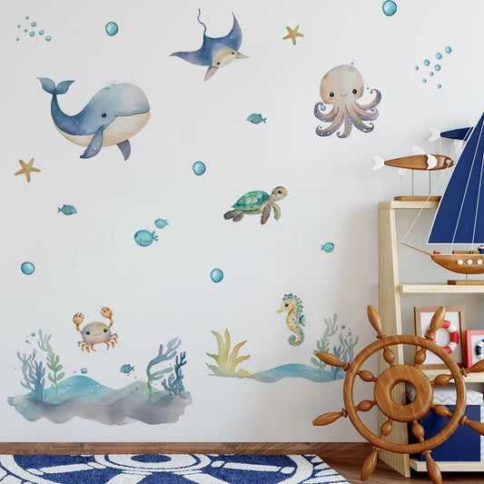 Watercolor Cartoon Marine Animals Wall Sticker – Cute Whale and Turtle Vinyl Decal for Kids' Rooms