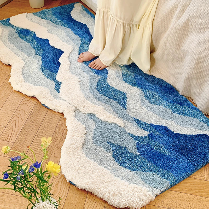 Aesthetic Tufting Ocean Bedroom Rug | Soft Fluffy Scenic Wave Bedside Carpet