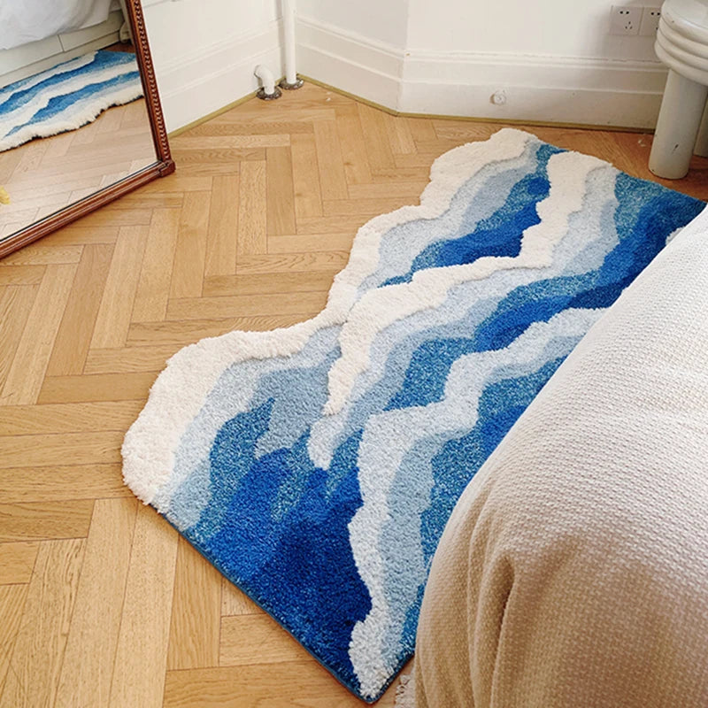 Aesthetic Tufting Ocean Bedroom Rug | Soft Fluffy Scenic Wave Bedside Carpet