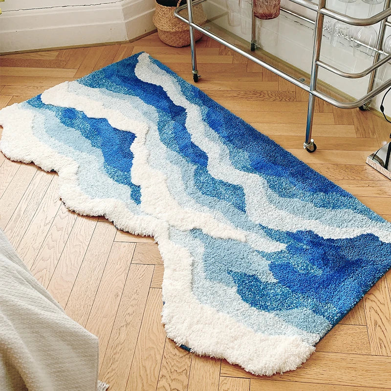 Aesthetic Tufting Ocean Bedroom Rug - Soft Fluffy Wave Carpet for Home Decor