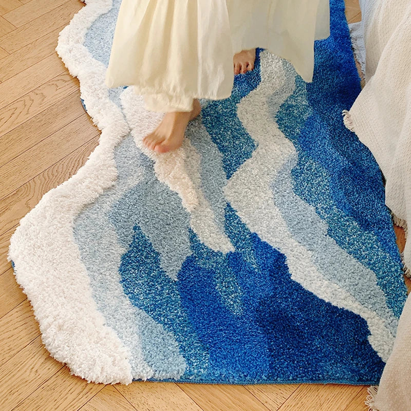 Aesthetic Tufting Ocean Bedroom Rug | Soft Fluffy Scenic Wave Bedside Carpet