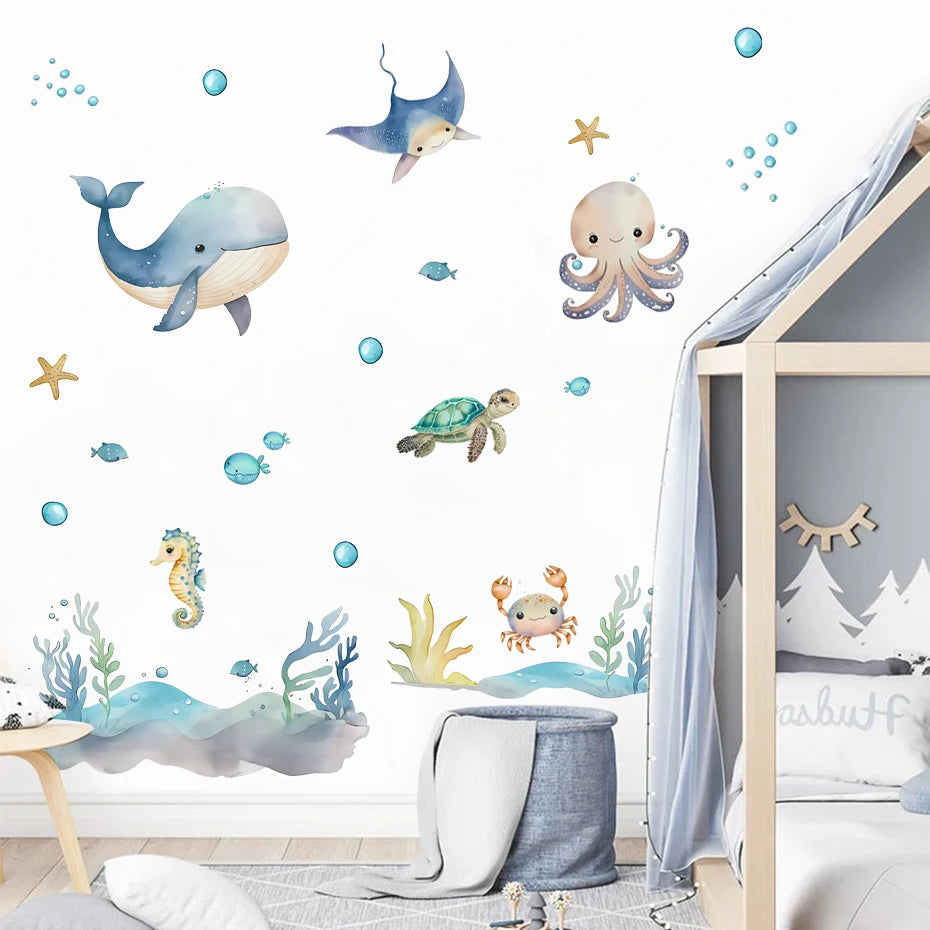 Watercolor Cartoon Marine Animals Wall Sticker | Cute Whale & Turtle Vinyl Decal for Kids' Rooms