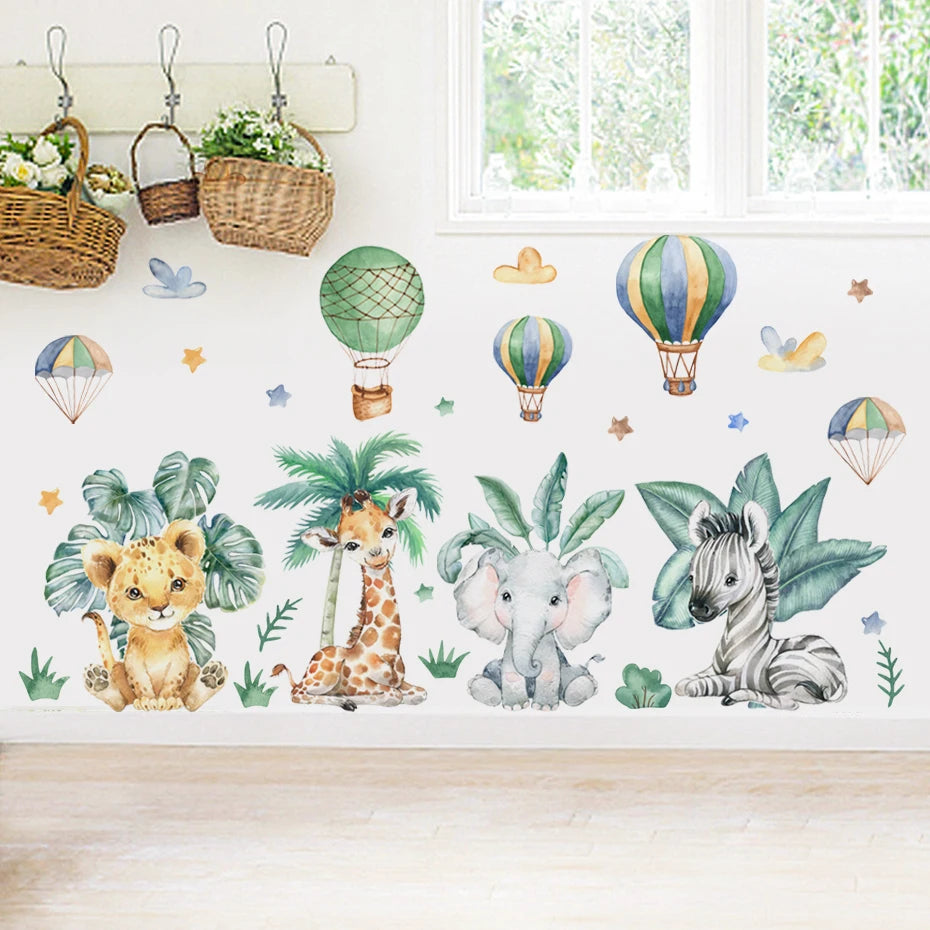 Cartoon Jungle Animals Leaves Watercolor Vinyl Wall Stickers for Kids Room & Nursery Decoration