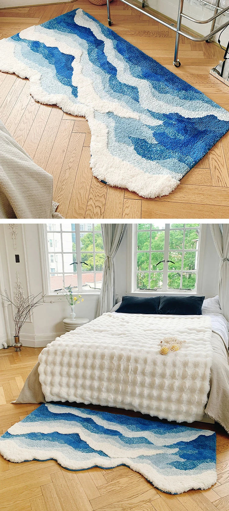 Aesthetic Tufting Ocean Bedroom Rug | Soft Fluffy Scenic Wave Bedside Carpet