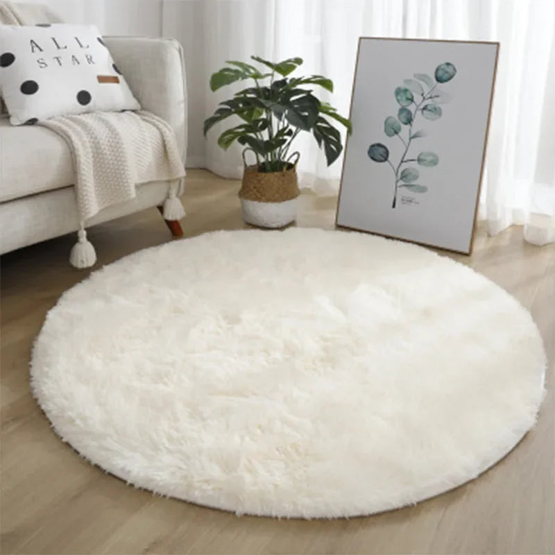 Super Soft Plush Round Rug for Living Room and Bedroom - Kid Lying on Pink Rug