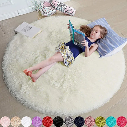 Super Soft Plush Round Rug for Living Room and Bedroom - Kid Lying on Pink Rug