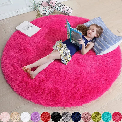 Super Soft Plush Round Rug for Living Room and Bedroom - Kid Lying on Pink Rug