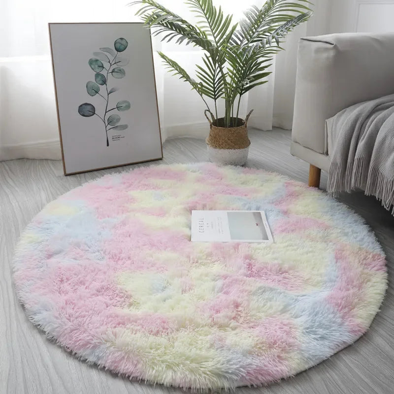 Super Soft Plush Round Rug for Living Room and Bedroom - Kid Lying on Pink Rug