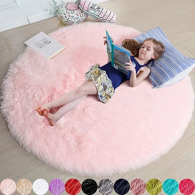 Super Soft Plush Round Rug for Living Room and Bedroom - Kid Lying on Pink Rug